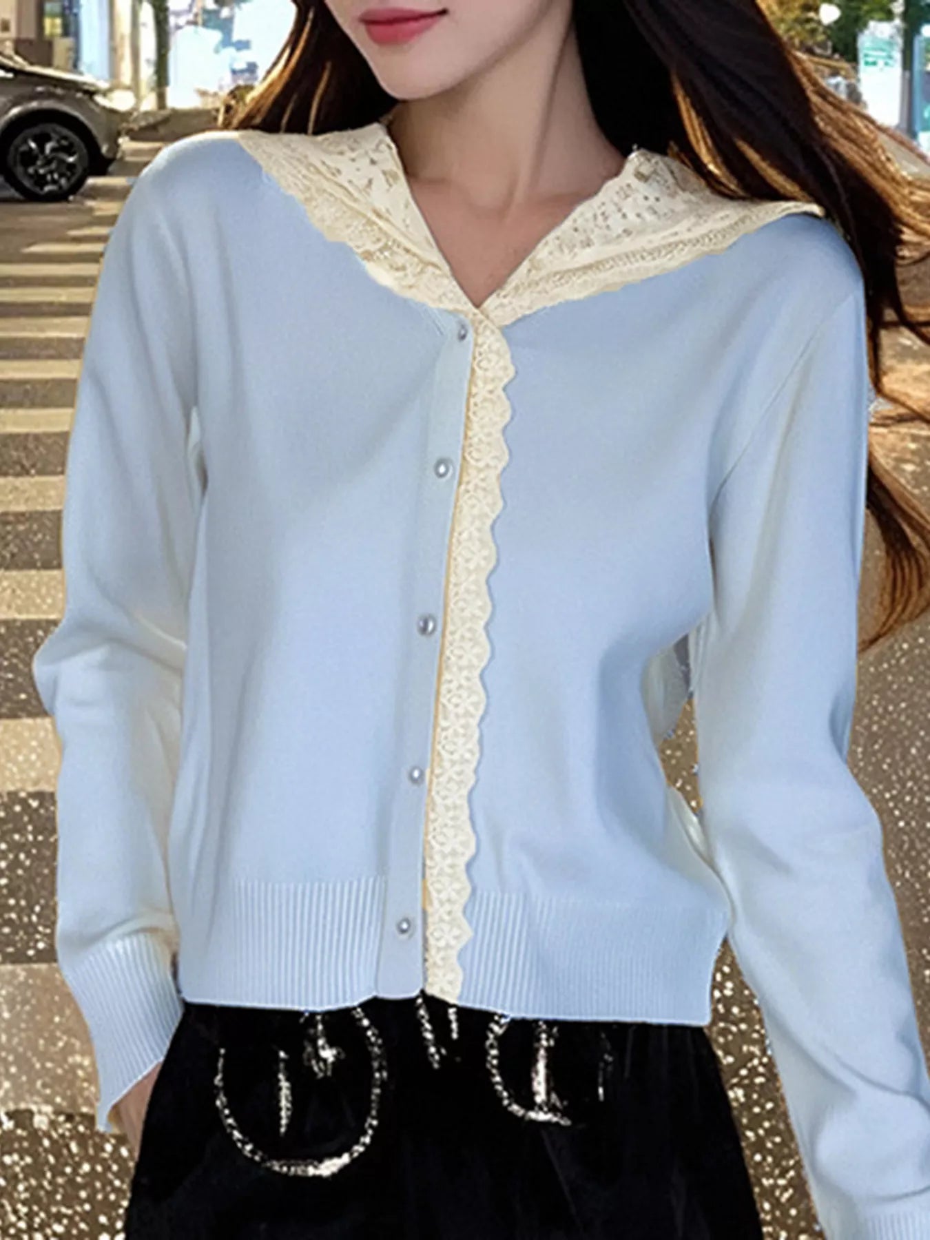 Sarah Express Women's Lace Trim Hooded Cardigan