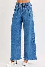 Sarah Express Women’s Plus Size Mid Rise Wide Leg Jeans with Pleated Detail
