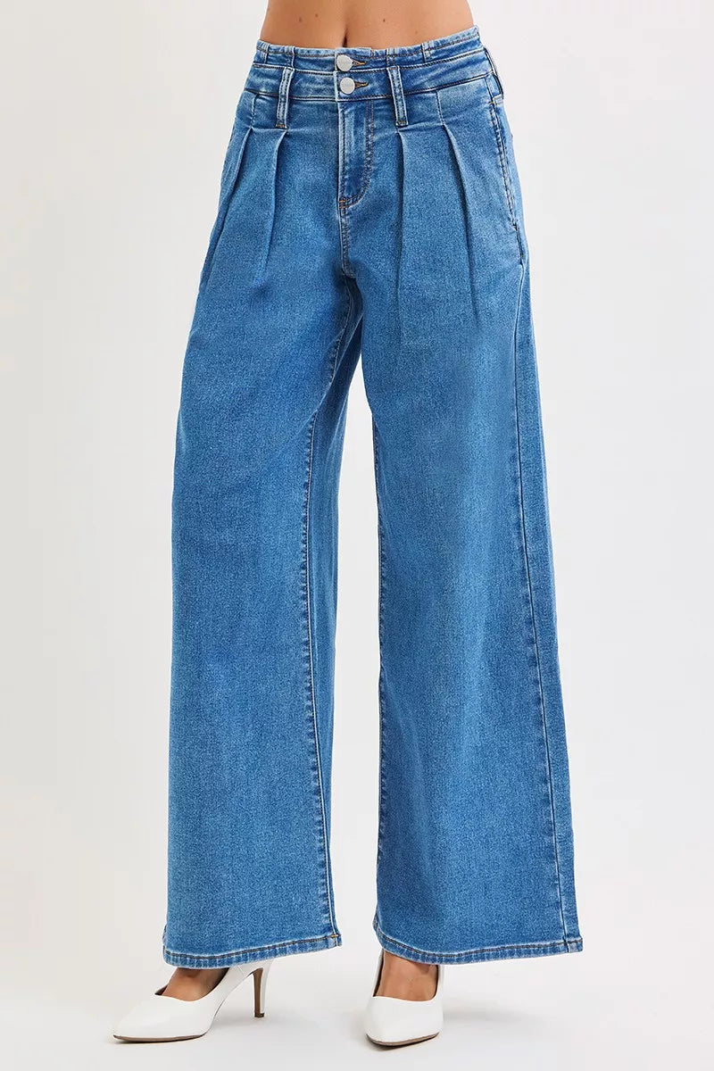 Sarah Express Women’s Plus Size Mid Rise Wide Leg Jeans with Pleated Detail
