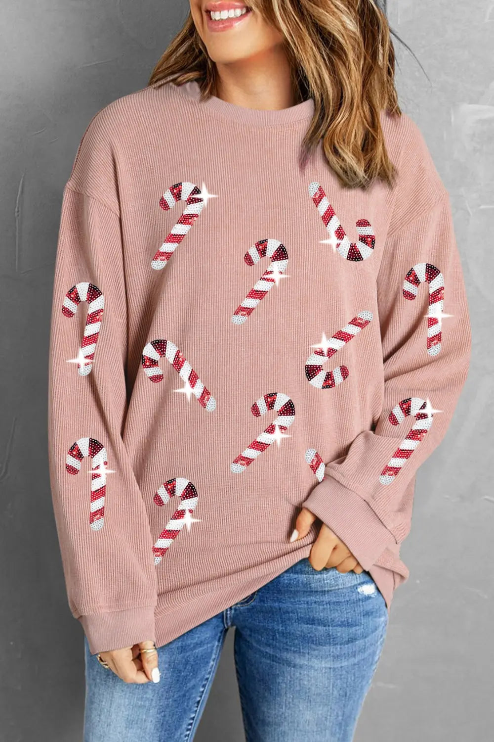 Sarah Express Women's Sequin Candy Cane Round Neck Sweatshirt Dusty Pink