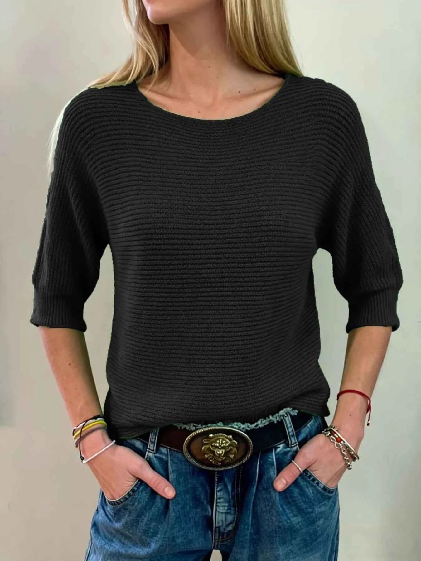 Sarah Express Women's Ribbed Knit Round Neck Sweater - Plus Size Available Black