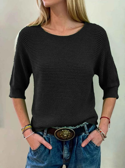 Sarah Express Women's Ribbed Knit Round Neck Sweater - Plus Size Available Black