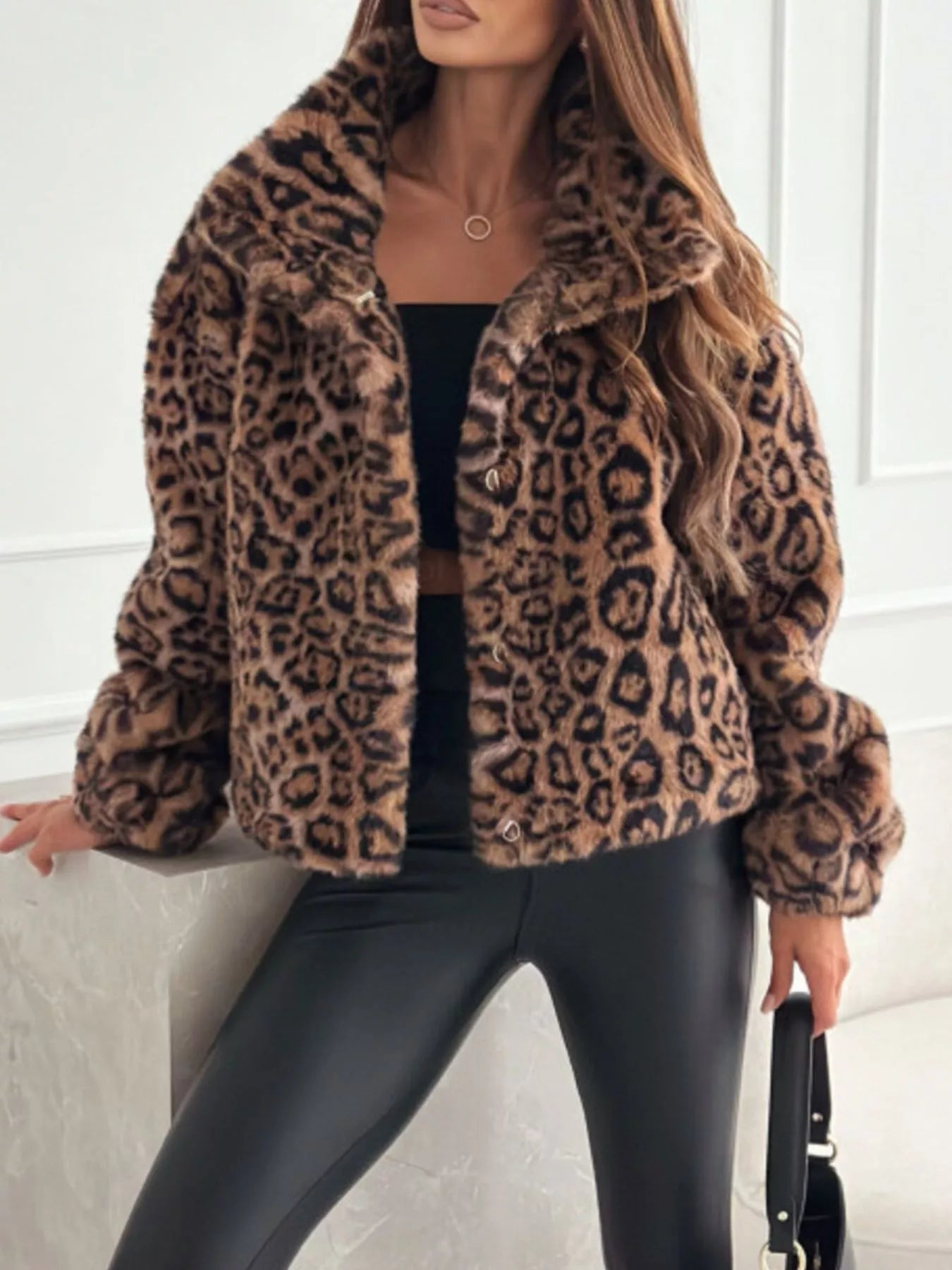 Sarah Express Women's Leopard Faux Fur Cropped Jacket