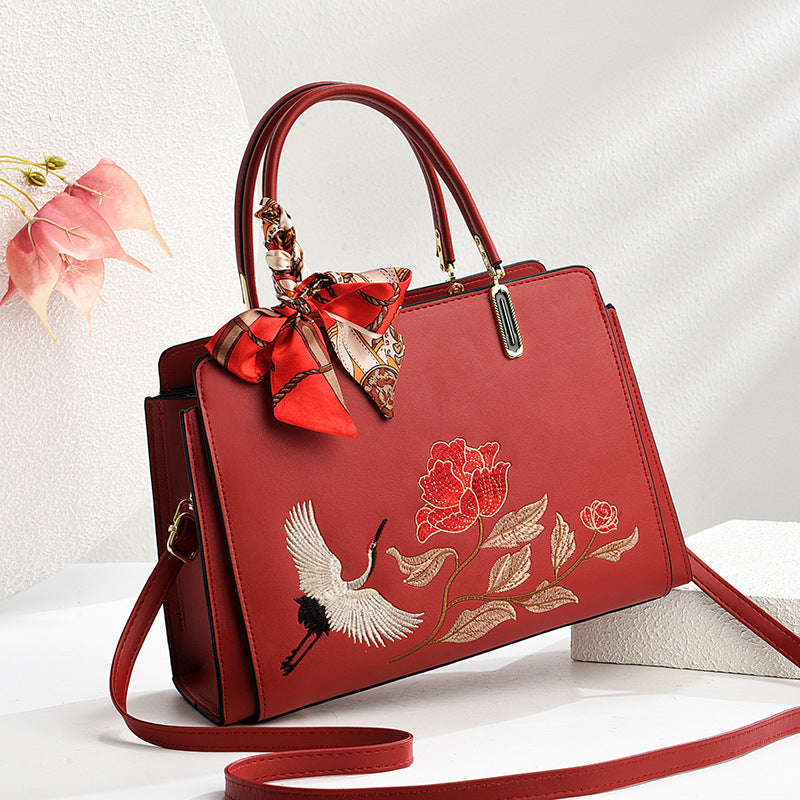 Sarah Express Chinese Embroidered Crane Crossbody Tote Bag for Women - Fashion Handbag with Multiple Compartments Wine Red