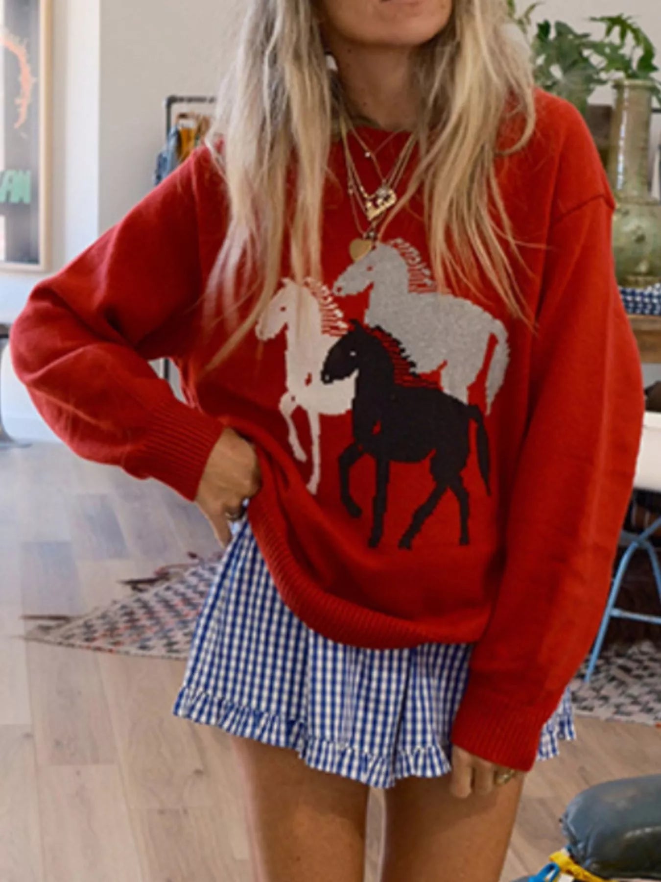 Sarah Express Women's Horse Print Round Neck Long Sleeve Sweater