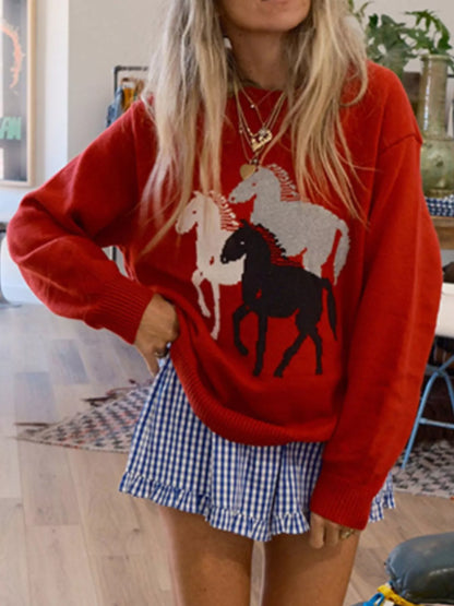 Sarah Express Women's Horse Print Round Neck Long Sleeve Sweater