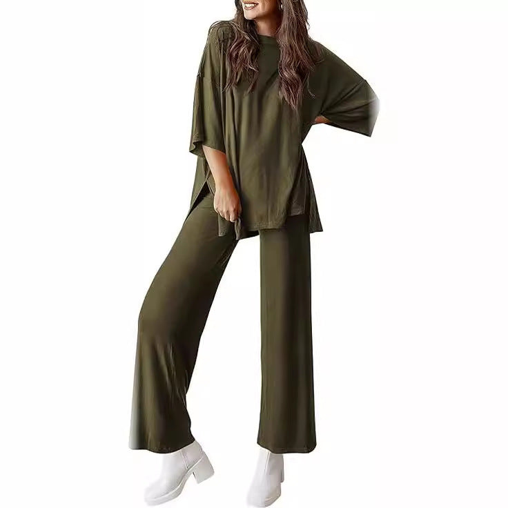Sarah Express Two Piece Pullover Top Wide Leg Pants Set Polyester