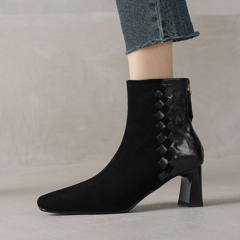 Sarah Express Women's Square Toe Chunky Heel Ankle Boots – Sheepskin Leather Patchwork