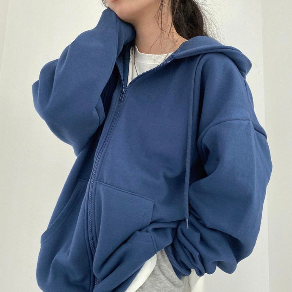 Sarah Express Women's Loose Fit Zipper Hoodie Long Sleeve Pockets Polyester Sweatshirt Casual Fall Winter