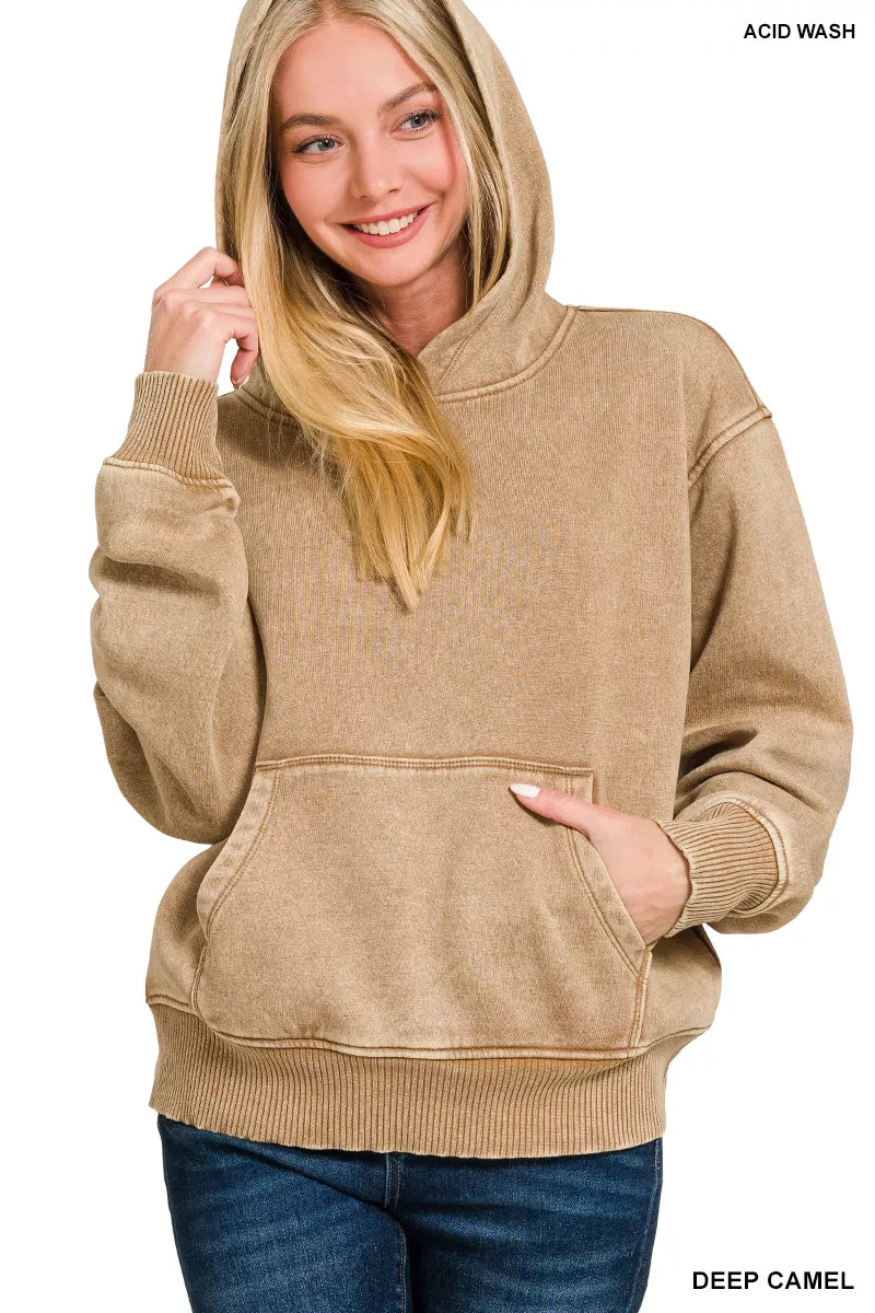 Sarah Express Women's Fleece Acid Wash Kangaroo Pocket Hoodie DEEP CAMEL
