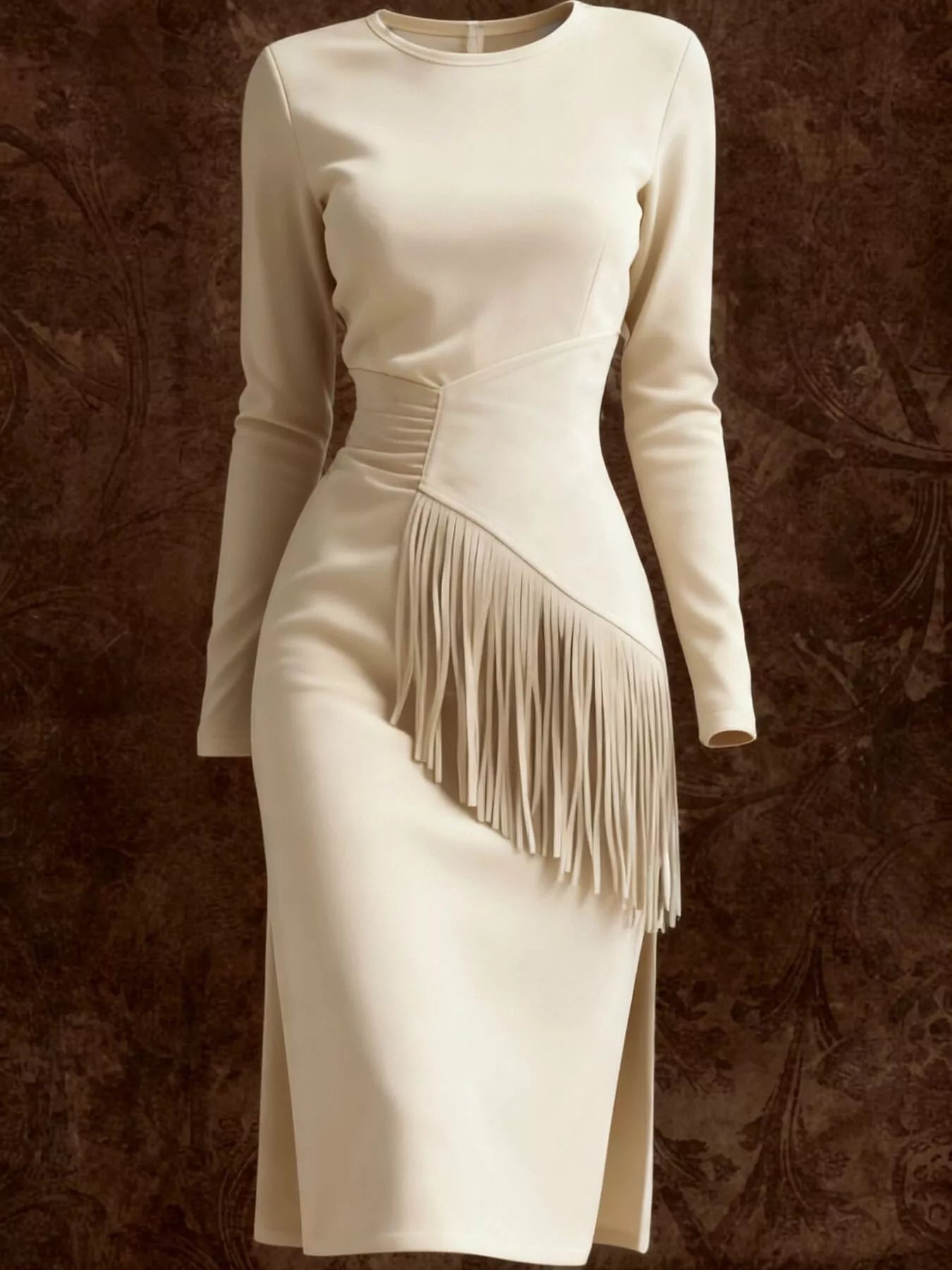 Sarah Express Women's Suede Fringe Long Sleeve Midi Dress - Boho Western Style