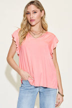 Sarah Express Women’s Plus Size Bamboo T-Shirt with Notched Neck and Ruffle Sleeves