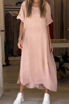 Sarah Express Women's Loose Cotton Linen Maxi Dress Short Sleeve Casual Relaxed Fit