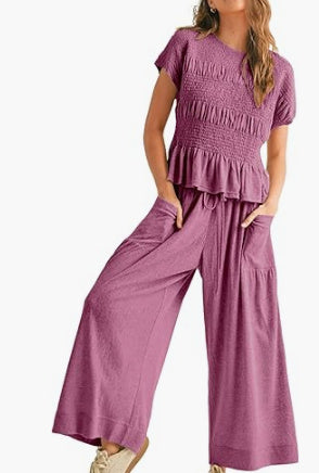 Sarah Express Pleated Top Wide Leg Pants 2-Piece Matching Set