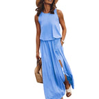 Sarah Express Women's Sleeveless Round Neck Dress with Side Split Solid Color