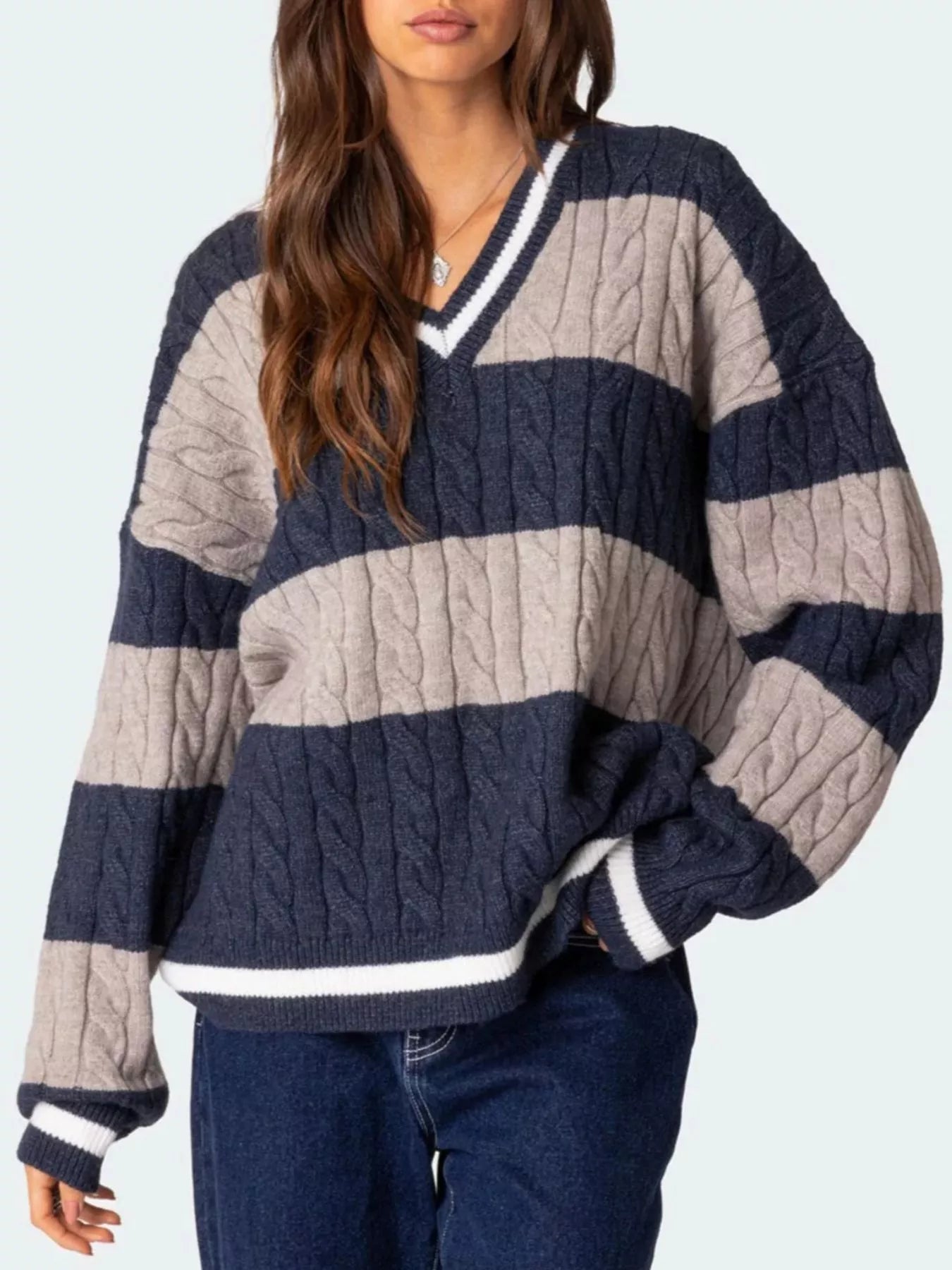 Sarah Express Women's Striped Cable Knit V-Neck Sweater - Oversized Fit Navy Blue