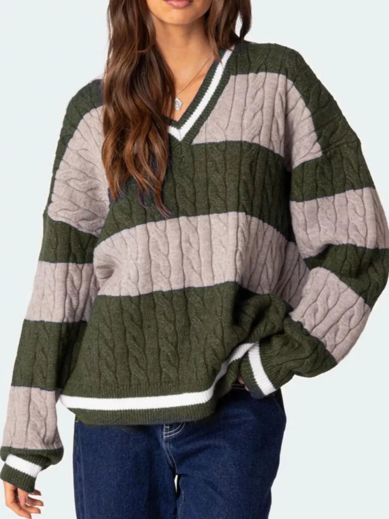 Sarah Express Women's Striped Cable Knit V-Neck Sweater - Oversized Fit Army Green