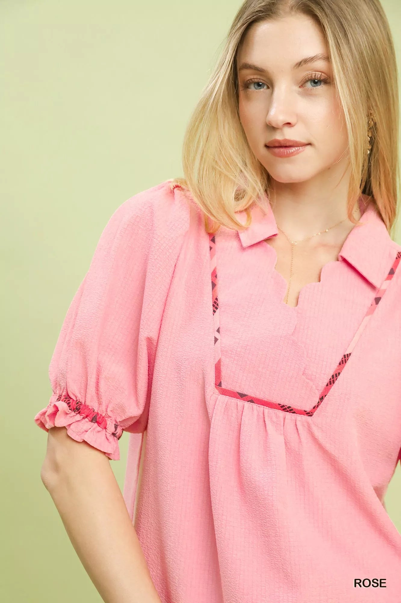 Sarah Express Women's Scalloped Trim Blouse with Puff Sleeves