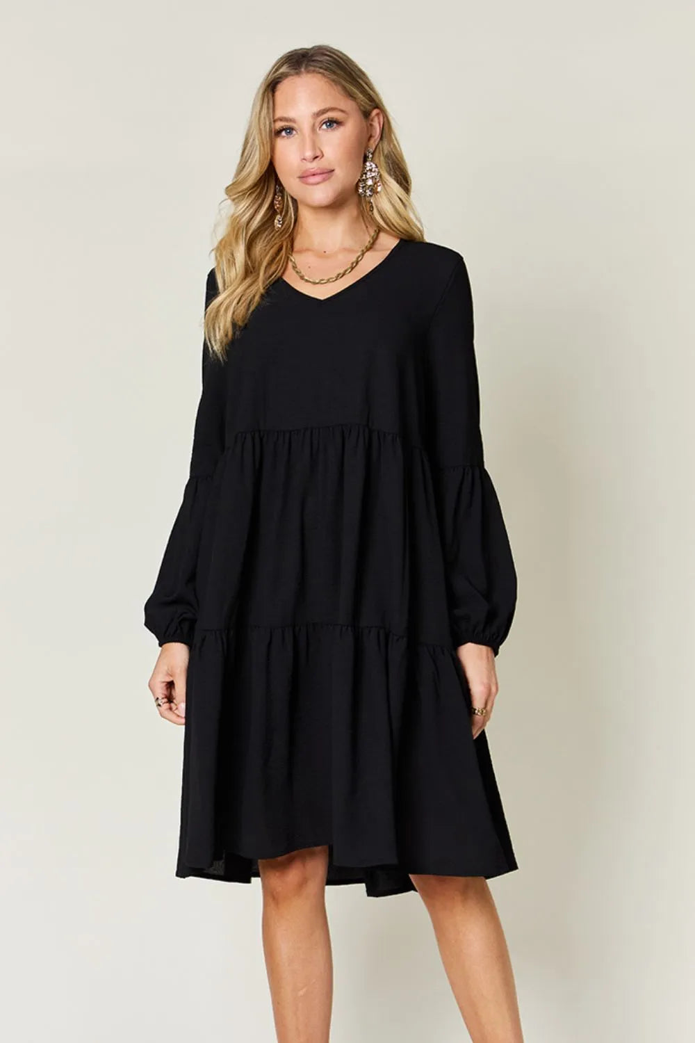 Sarah Express Women’s Plus Size V-Neck Balloon Sleeve Tiered Dress
