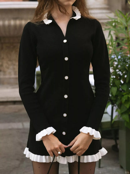 Sarah Express Women's Ruffle Trim Button-Down Sweater Dress