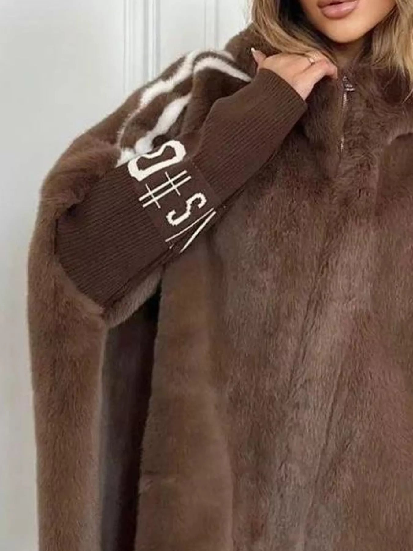 Sarah Express Women's Hooded Faux Fur Striped Trim Outerwear Jacket