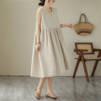 Sarah Express Women's Cotton Linen V-Neck Sleeveless Midi Dress Japanese Style Loose Fit Summer