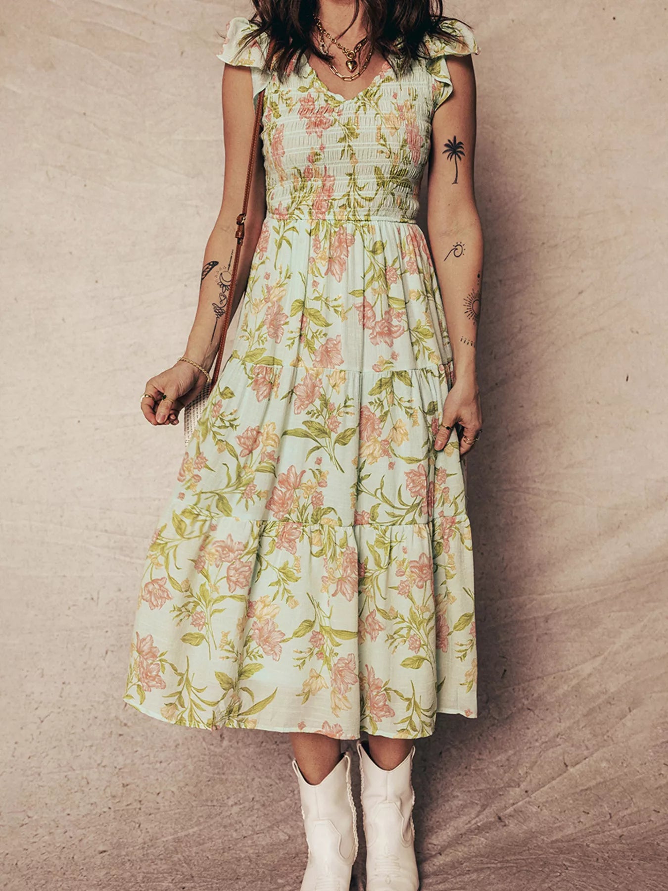 Sarah Express Women's Smocked Bodice Tiered Floral Maxi Dress - Ruffled Sleeveless Summer Dress