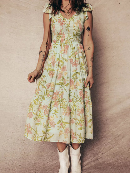 Sarah Express Women's Smocked Bodice Tiered Floral Maxi Dress - Ruffled Sleeveless Summer Dress