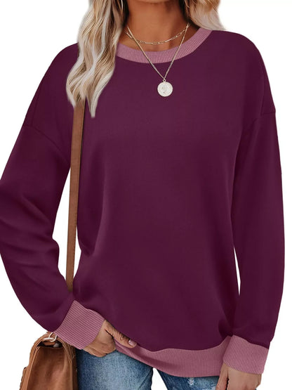 Sarah Express Women's Contrast Trim Crew Neck Casual Sweatshirt Purple