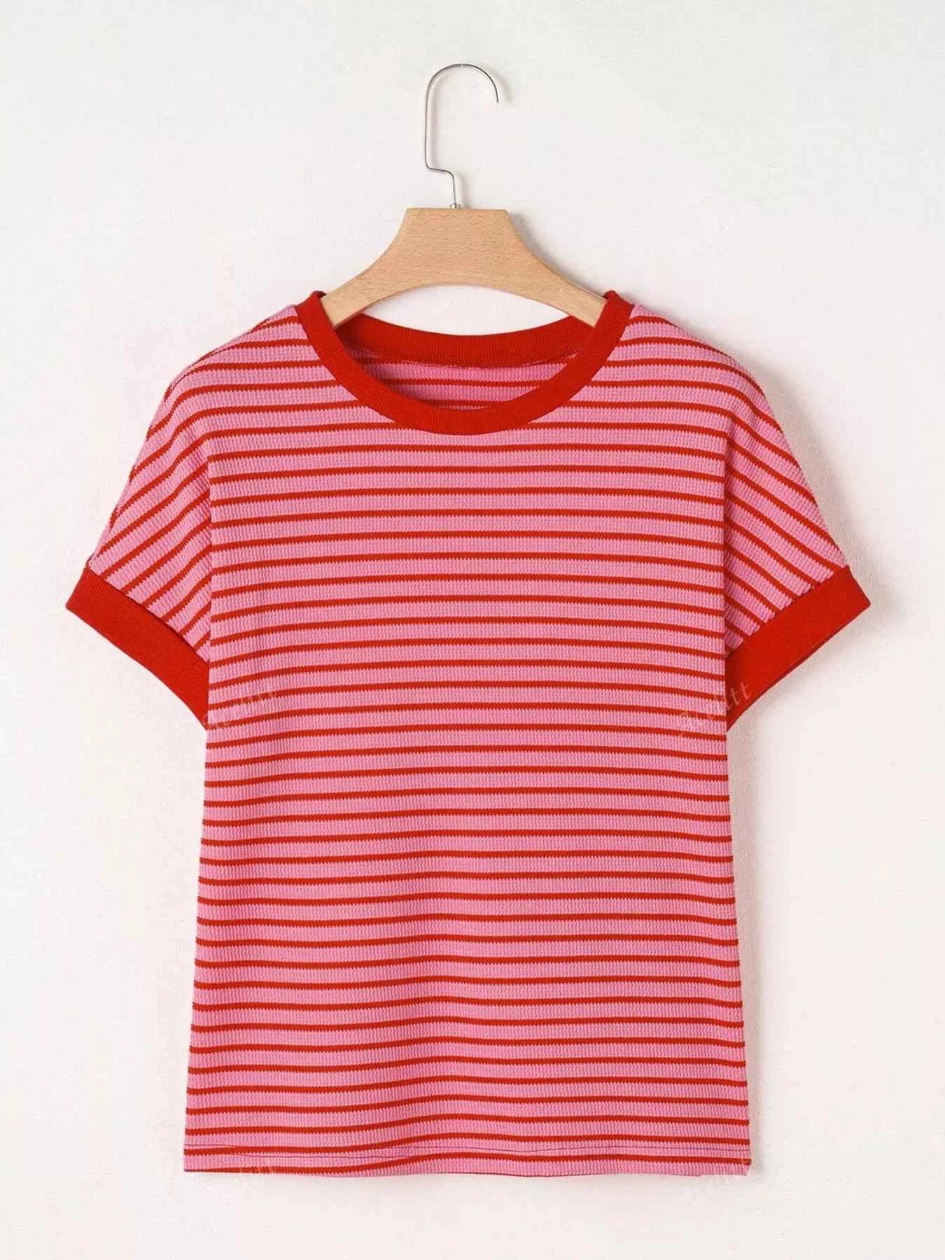 Sarah Express Women's Striped Ribbed Knit Short Sleeve T-Shirt