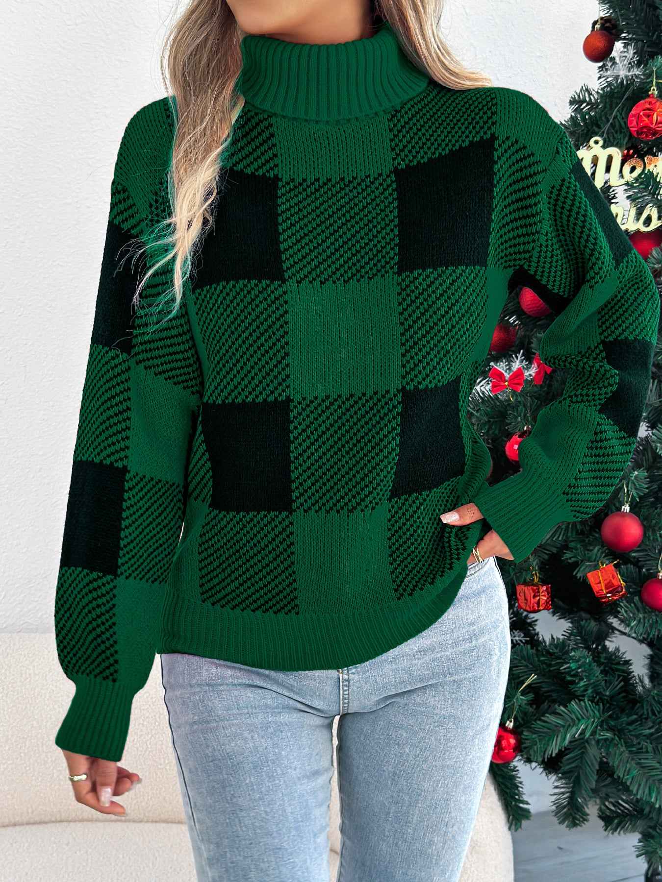 Sarah Express Women's Color Block Plaid Turtleneck Sweater - Lantern Sleeve Pullover