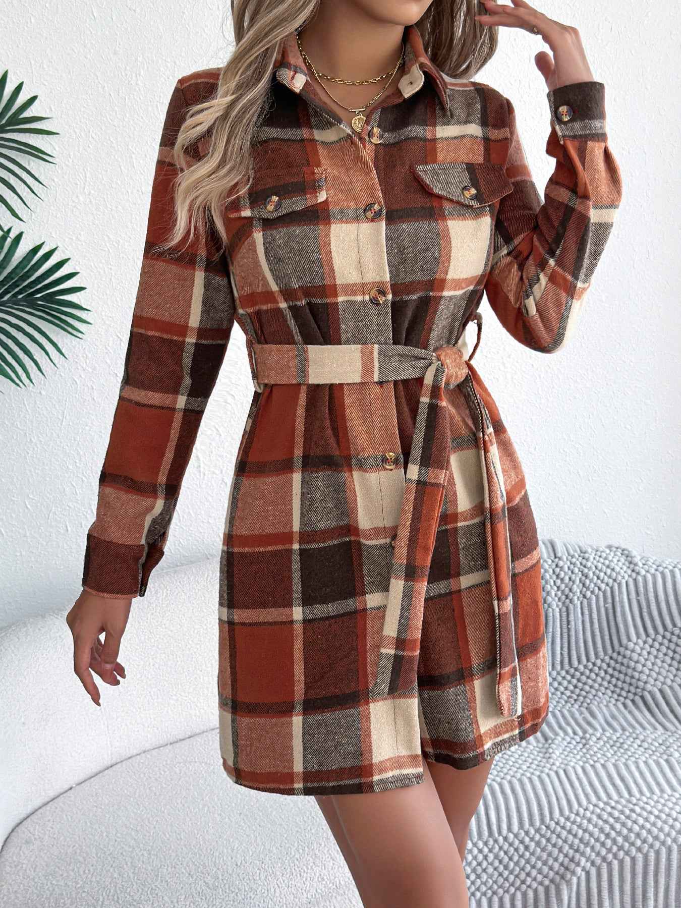 Sarah Express Women's Color-Blocked Plaid Tweed Shirt Dress with Tie Waist