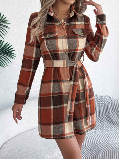 Sarah Express Women's Color-Blocked Plaid Tweed Shirt Dress with Tie Waist