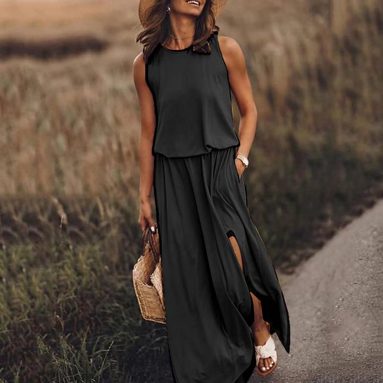 Sarah Express Women's Sleeveless Round Neck Dress with Side Split Solid Color