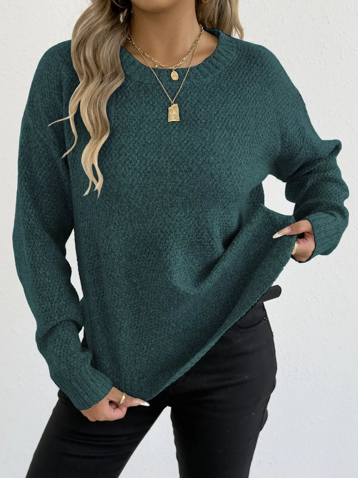Sarah Express Women's Textured Knit Relaxed Fit Round Neck Sweater Dark Green