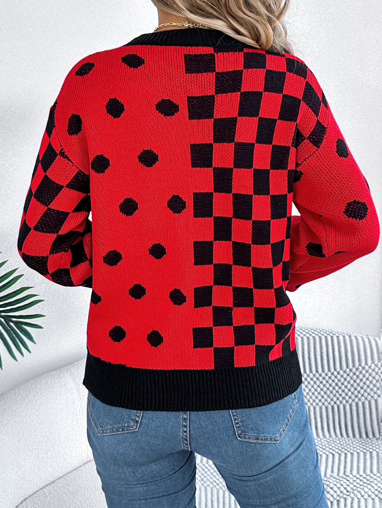 Sarah Express Women's Color Block Polka Dot Plaid Lantern Sleeve Pullover Sweater
