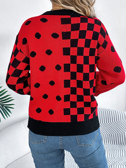 Sarah Express Women's Color Block Polka Dot Plaid Lantern Sleeve Pullover Sweater