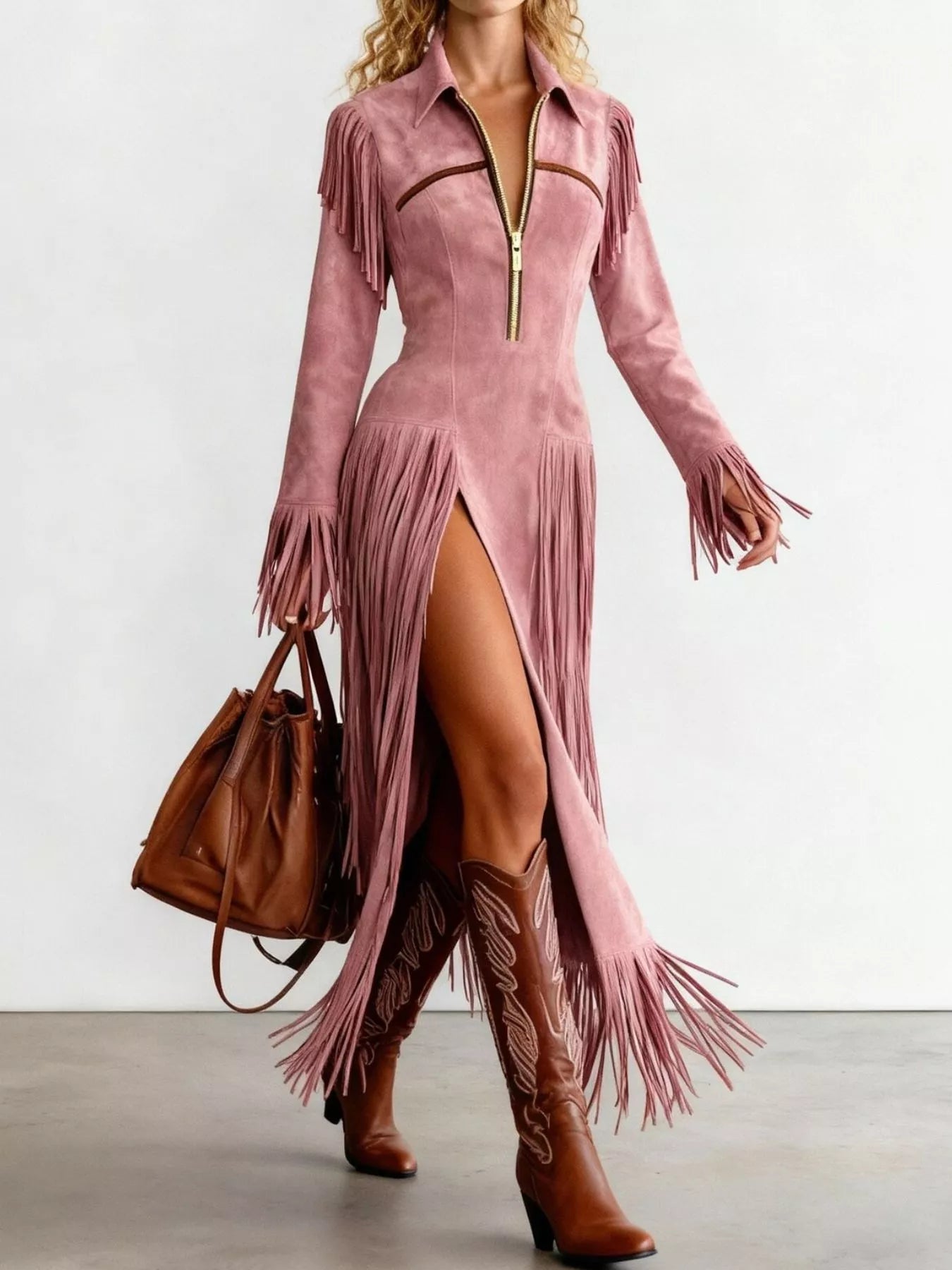 Sarah Express Women's Fringed Suede Slit Dress - Boho Western Style Maxi Dress