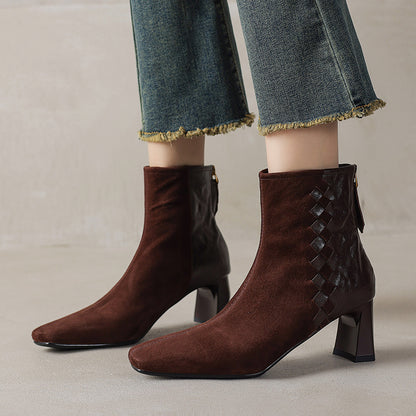 Sarah Express Women's Square Toe Chunky Heel Ankle Boots – Sheepskin Leather Patchwork