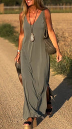 Sarah Express Women's V-Neck Cami Strap Maxi Dress Sleeveless Wide Waist Long Casual Summer Dress