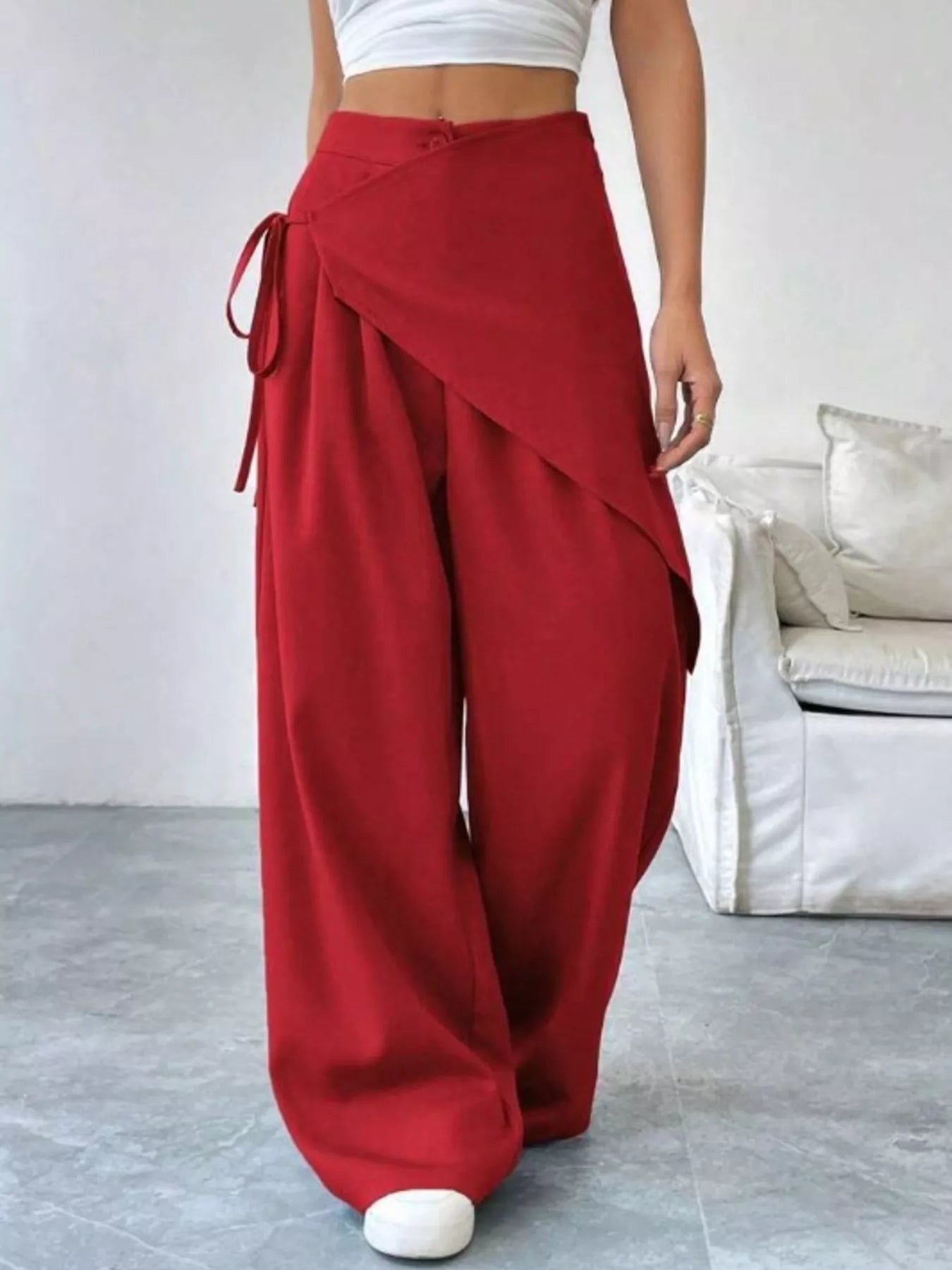 Sarah Express Women's Wrap-Front Wide-Leg Pants with Pockets Red