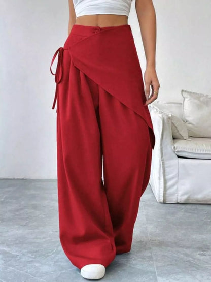 Sarah Express Women's Wrap-Front Wide-Leg Pants with Pockets Red