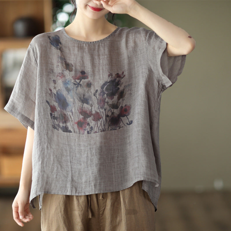Sarah Express Vintage Ink Print High-Low Hem T-Shirt Hemp Blend Short Sleeve