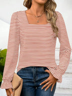 Sarah Express Women's Striped Long Sleeve T-Shirt with Square Neckline