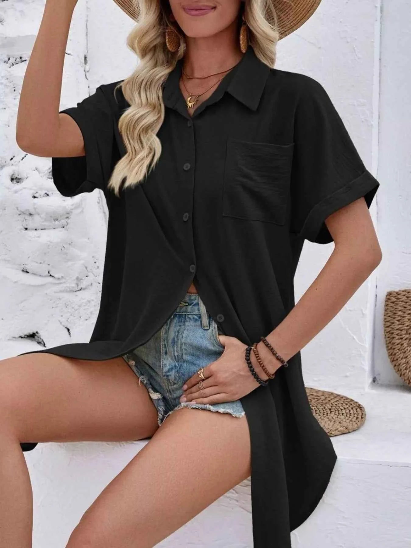 Sarah Express Women's Relaxed Fit Button-Down Longline Shirt - Oversized Casual Blouse