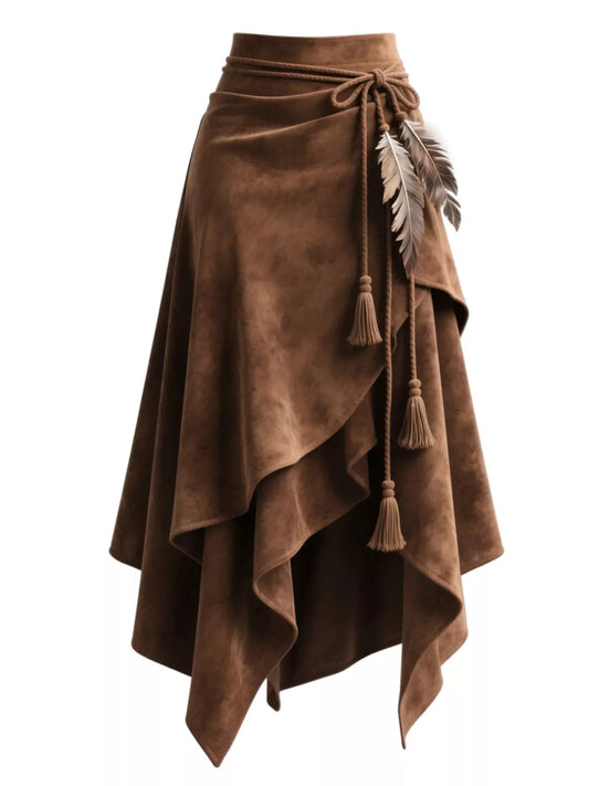 Sarah Express Women's Tassel Suede Asymmetrical Skirt Plus Size Brown