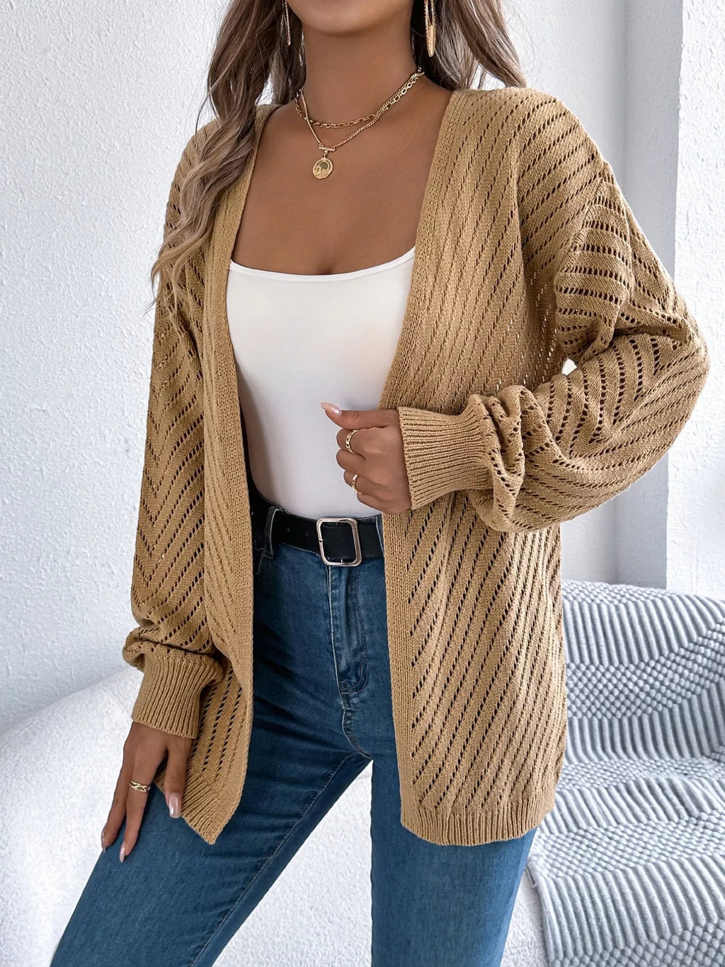 Sarah Express Women's Openwork Open-Front Long Sleeve Cardigan