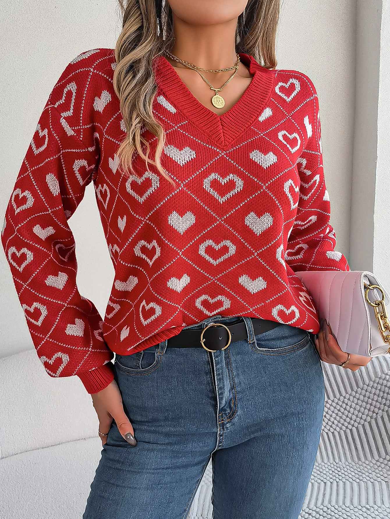 Sarah Express Women Sweet Color Block Heart Lantern Sleeve Pullover Sweater