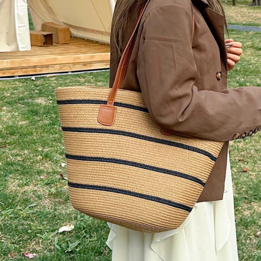 Sarah Express Women's Woven Straw Tote Bag - Minimalist Urban Casual Shoulder Bag with Zipper Compartment
