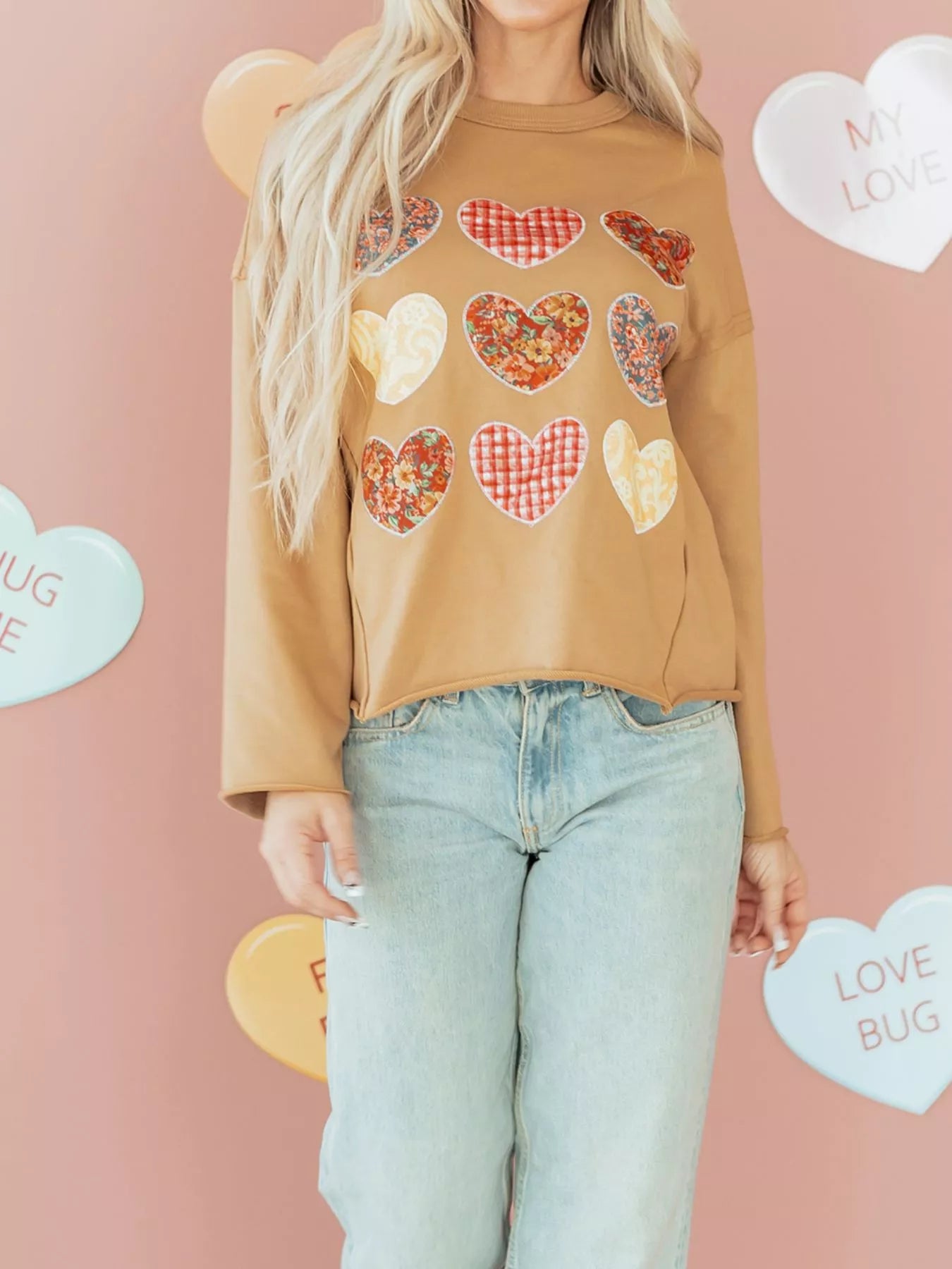 Sarah Express Women's Plaid Floral Heart Stitched Exposed Seam Mineral Wash Sweatshirt